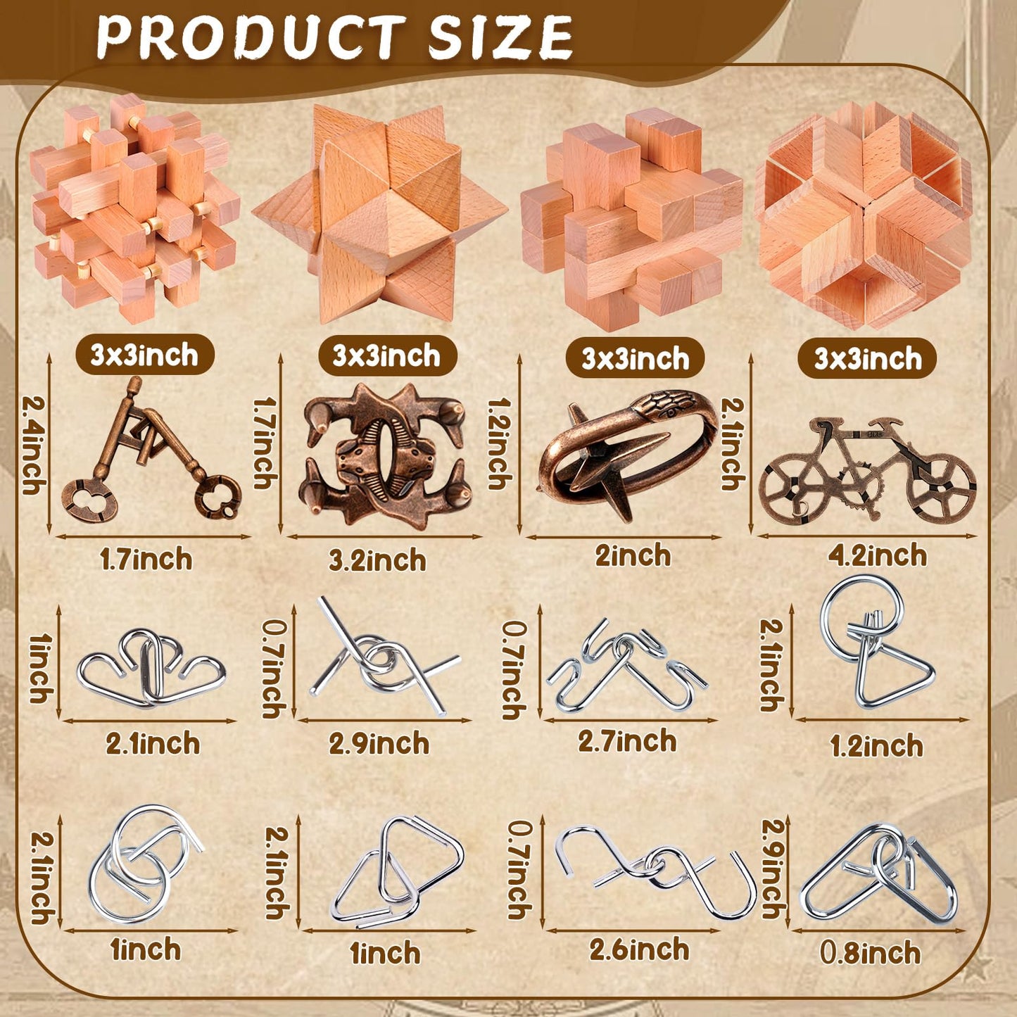 Rileryan 16 Pcs Wooden Metal Brain Teasers For Adults 3D Brain Teasers Wooden Cube