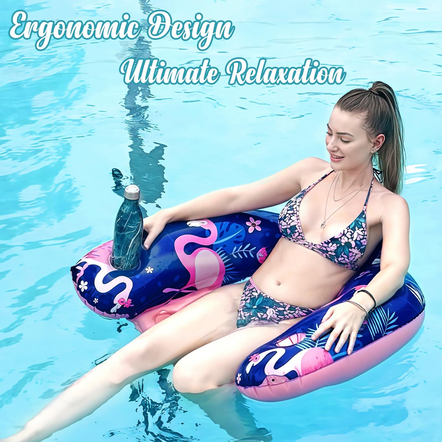Inflatable Pool Float Chair - 2 Pack Pool Floating Chair Adult Pool Float Seat With Cup Holder And Headrest, Portable Lounge Flo