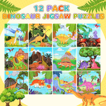 Sannix 12 Pack Dinosaur Wooden Jigsaw Puzzles With 12 Organize Bags, Dinosaurs Animals Toddlers Puzzles For Kids Ages 3 4 5, Party Favors Educational Learning Travel Toys For Boys Girls