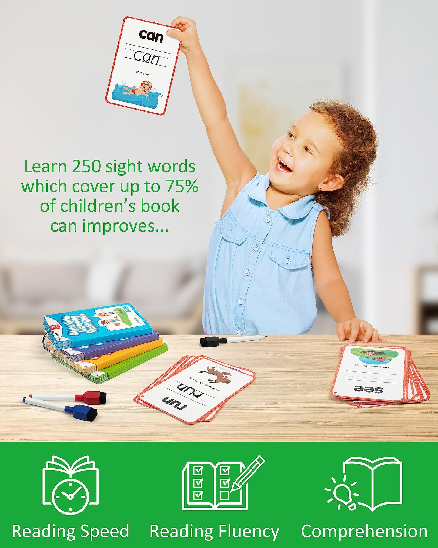 Coogam Sight Words Kids Learning Flash Cards, 250 Dolch Word Game Reading Vocabulary Card Montessori Toy For Kindergarten Preschool 3 4 5 Years Old Toddlers