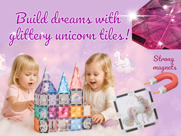 Glitter Unicorn Pony Magnetic Tiles: Building Blocks Toys For Kids - Hearts, Stars, Rainbow Castle Playset For Creative Kids, St