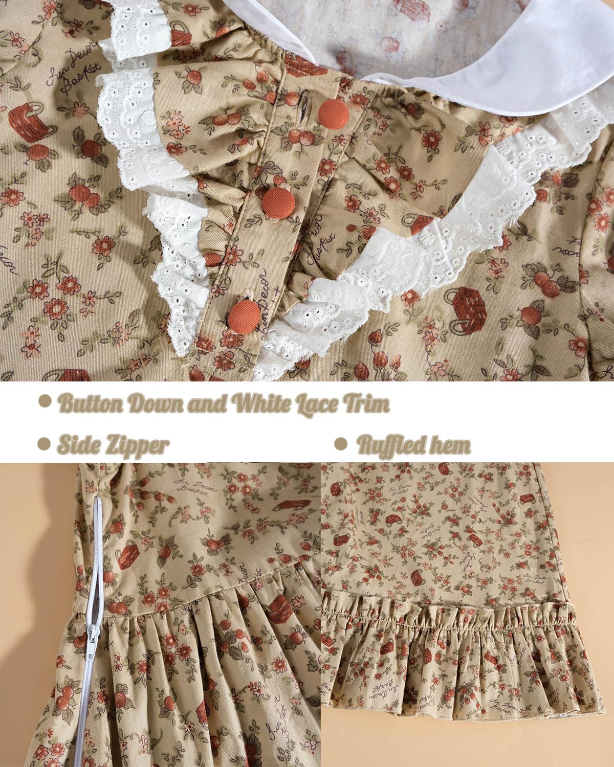 FCCAM Colonial Costume Girls with Mob Cap Floral Pioneer Prairie Dress 1800s American Costume Brown L age over 4 years old