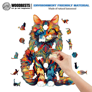 WOODBESTS Wooden Jigsaw Puzzle, Maine Coon Cat, 620pcs XL, Unique Shape, Beautiful Wooden Box, Family Game Gift