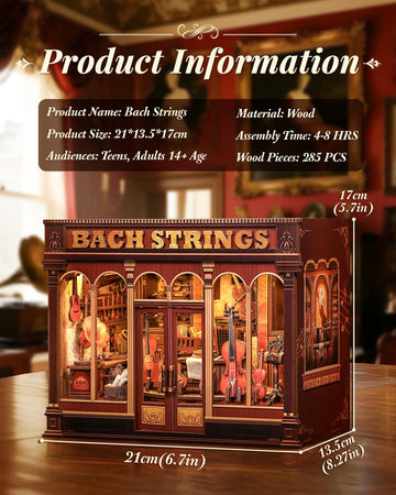 Book Nook Kit 3D Wooden PuzzleDIY Miniature House Kits for mature-themed and Teens Tiny House Building Kit Booknook Bookshelf Decor DIY Craft Gifts for Family and Friends & Music Lovers (Bach Strings)