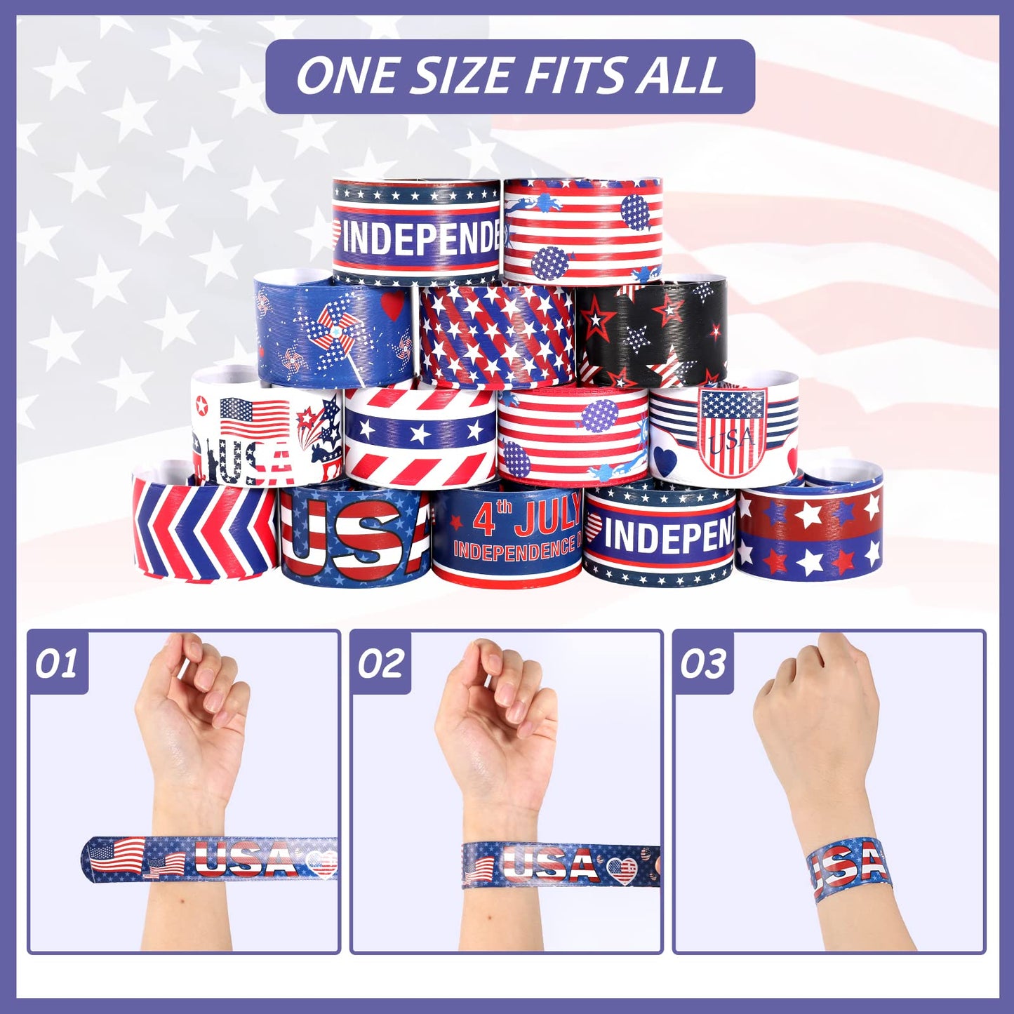 MGparty 48pcs 4th of July Slap Bracelets Toys for Kids 4th of July Party Favors Supplies Patriotic Accessories Decorations