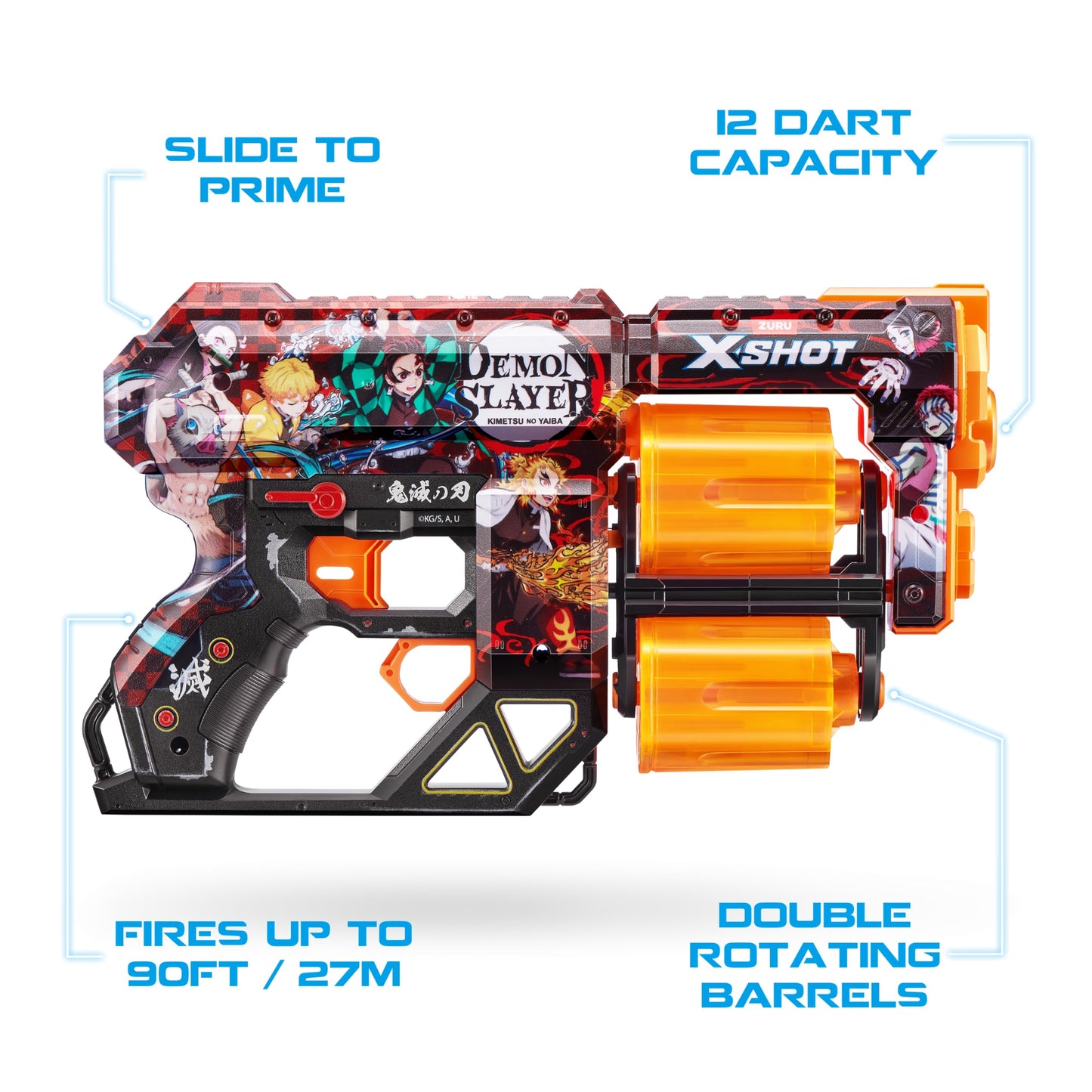 X-Shot XSHOT Skins Dread Blaster - Demon Slayer Skin by ZURU Demon Slayer Design with 12 Darts, Double Rotating Barrels, Air Poc