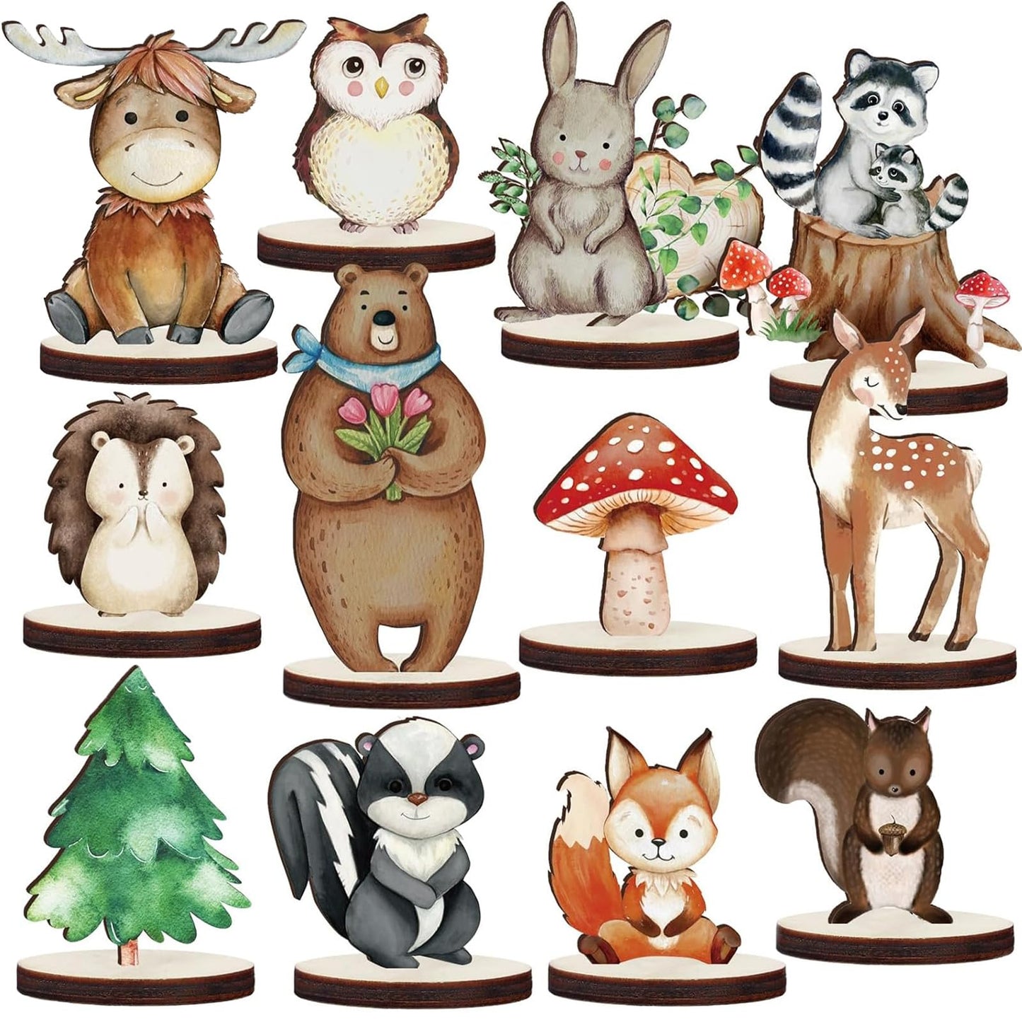 12 Pcs Woodland Animal Figurines Shower Decorations Enchanted Forest Decor,Animals Wood Table Centerpieces Woodland Animals Deco