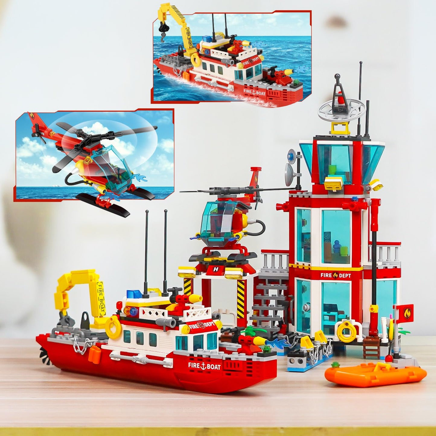 Toy Player City Oceans Fire Station Building Kit - Compatible With Leg0 Fire Station Set, With Fire Station/Fire Helicopter/Fire Ship/Rescue Boat, Gift For Sets For Boys 8-14 Years