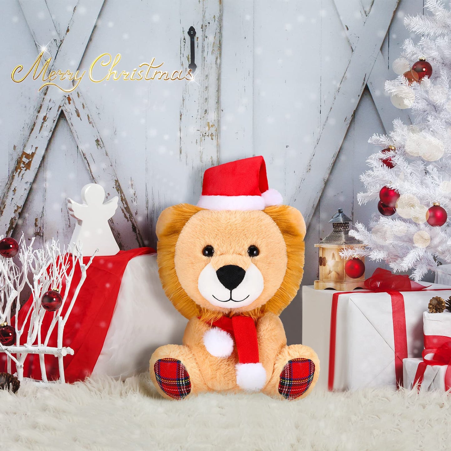 Threan 8 Inch Christmas Stuffed Animal Christmas Plush Doll With Santa Hat For Holiday Decoration Winter Gifts(Lion Style)