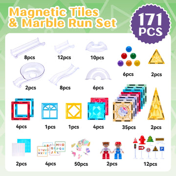 171 Pcs Magnetic Tiles And Marble Run Set, Magnet Building Race Track Toys With Learning Card And Storage Bag For Kids, Stem Edu