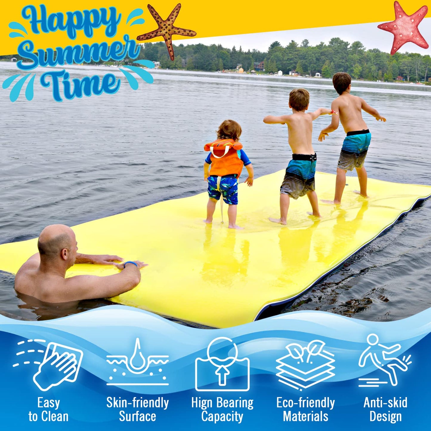 DUSACOM Big Floating Water Mat - 9FT XPE Foam Lily Pad for Lakes & Beach, Yellow-White-Blue, Model SO030105-YEBL-9FT-X1