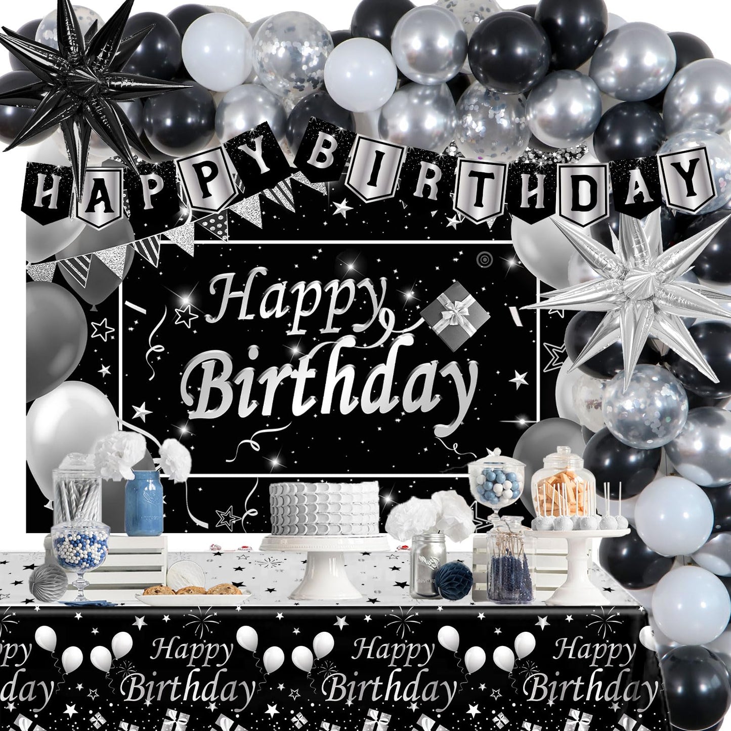 Silver And Black Birthday Decorations For Men Women Boys Girls 80 Pcs White Black And Silver Party Decorations Happy Birthday Backdrop Banner Confetti Star White Silver Black Balloon Arch Tablecloth