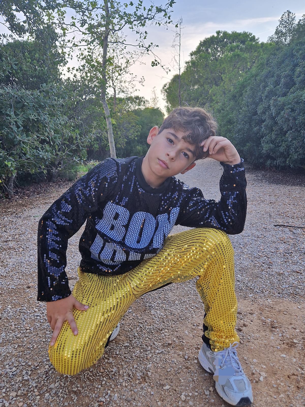 Lolanta Kids Dance Costume Boys Girls Sequins Hip Hop Clothes 80S 90S Outfits Shiny Dress Up Dancewear(Gold,5-6)