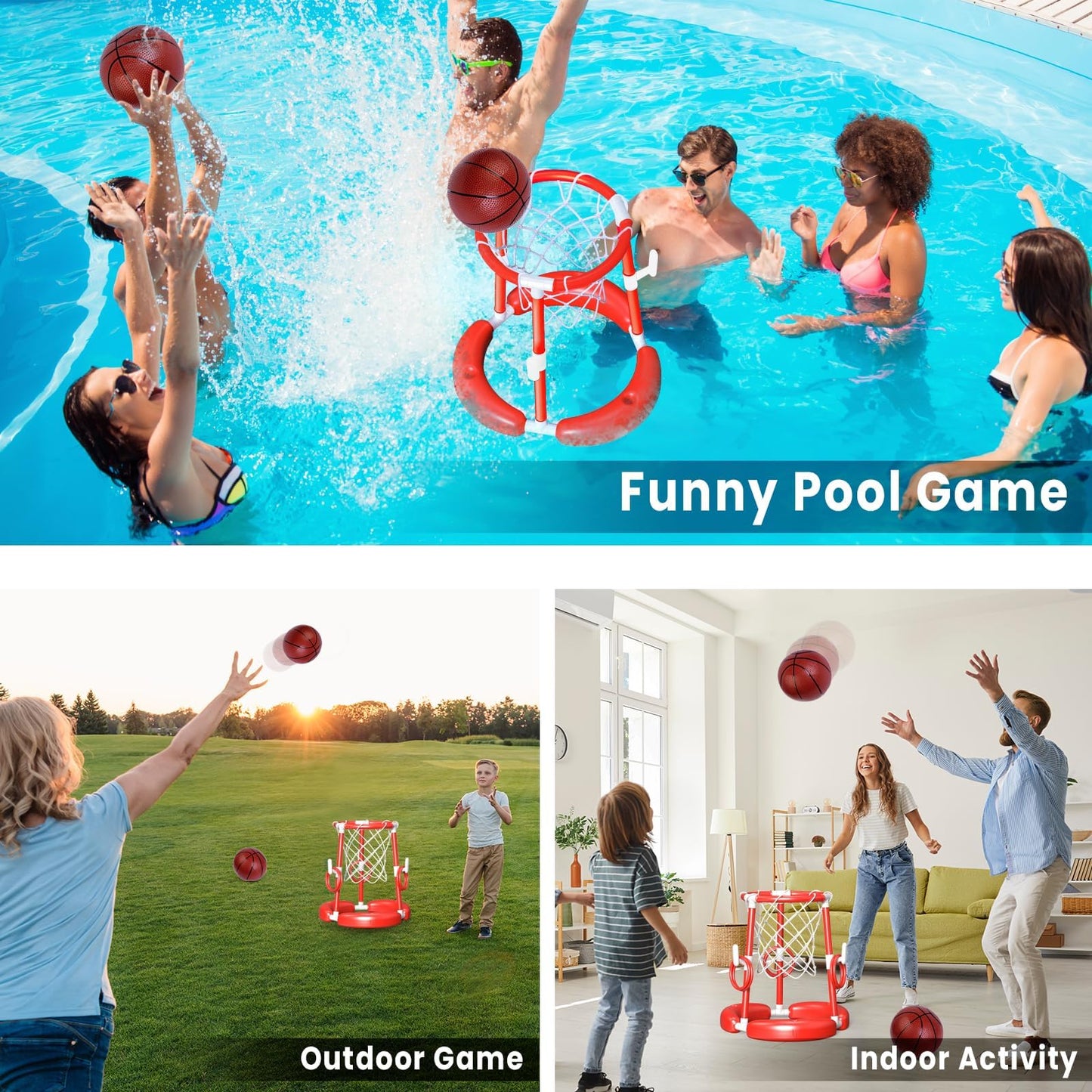 AuroTops Pool Basketball Hoop,2-in-1 Floating Basketball Hoop for Pool Games & Ring Toss Games for Kids,Summer Pool Toys,Family