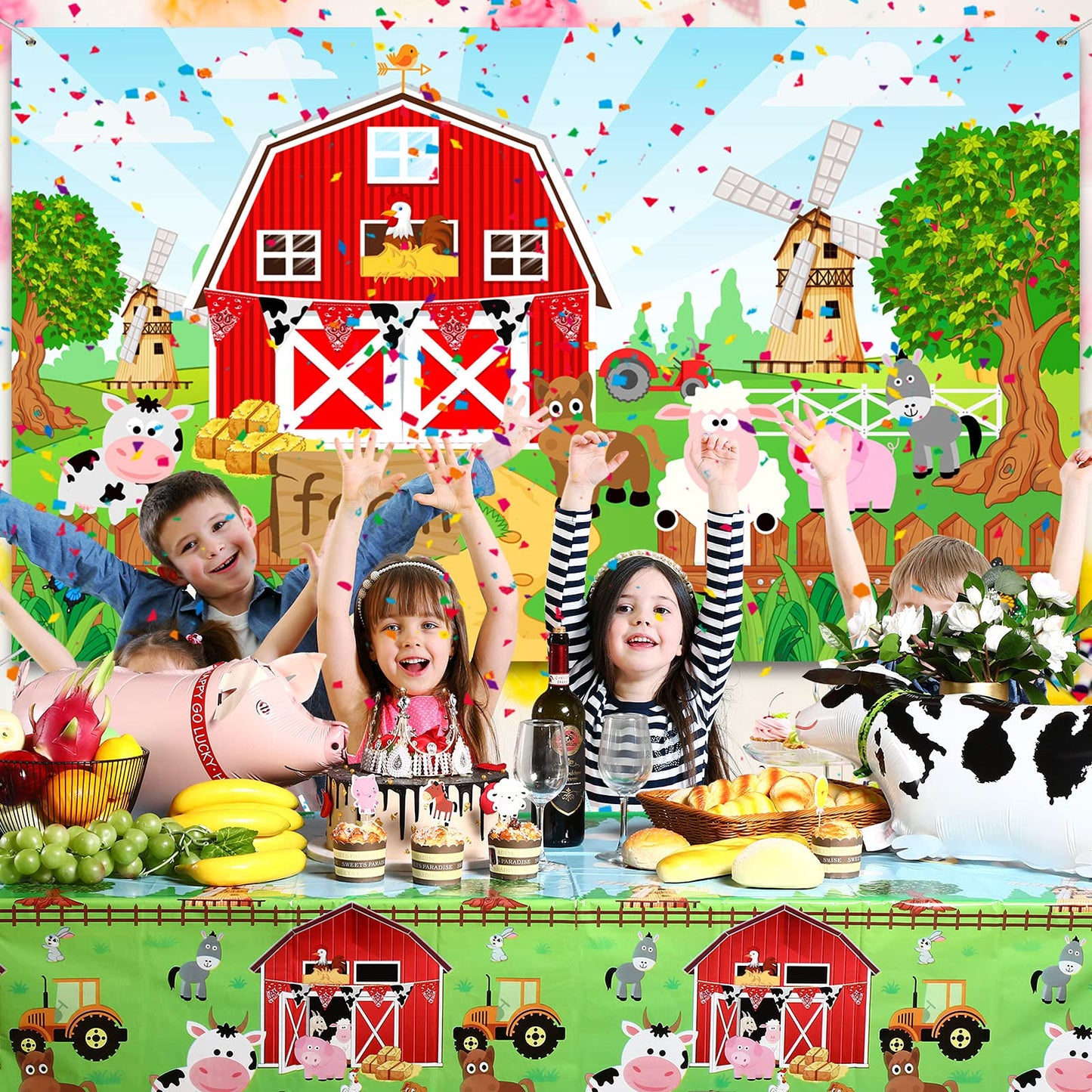 Farm Animals Theme Party Decorations Farm Barn Animals Backdrop Banner Farmhouse Animals Decor Party Tablecloth Balloon Arch Garland Kit For Birthday Photography Baby Shower Party Supplies (Red)