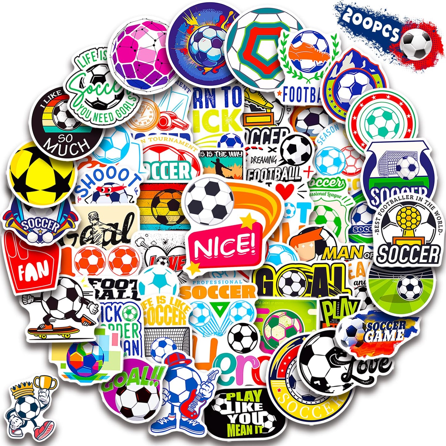 Wakemoodei Soccer Stickers 200Pcs Soccer Sports Stickers For Boys, Waterproof Vinyl Stickers For Water Bottles, Kids Stickers So