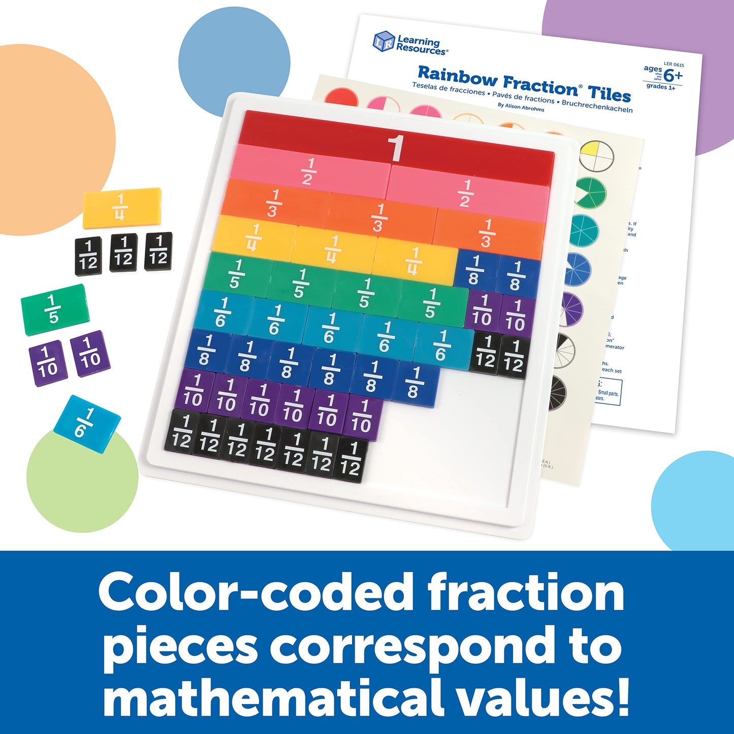 Learning Resources Rainbow Fraction Tiles - 54 Pieces, Ages 6+ Early Math Skills, Visual Aid, Math For Kids, Teacher Supplies