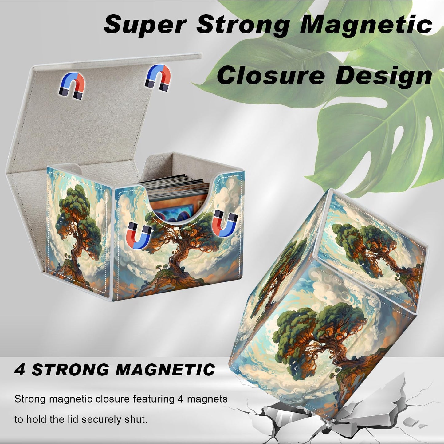 DEGDFSGR for TCG MTG Card Game Storage Box Organizer Trading Card Case Commander Deck Box Magnetic Closure Creative Pattern Up to 200 Cards Big Tree White Cloud