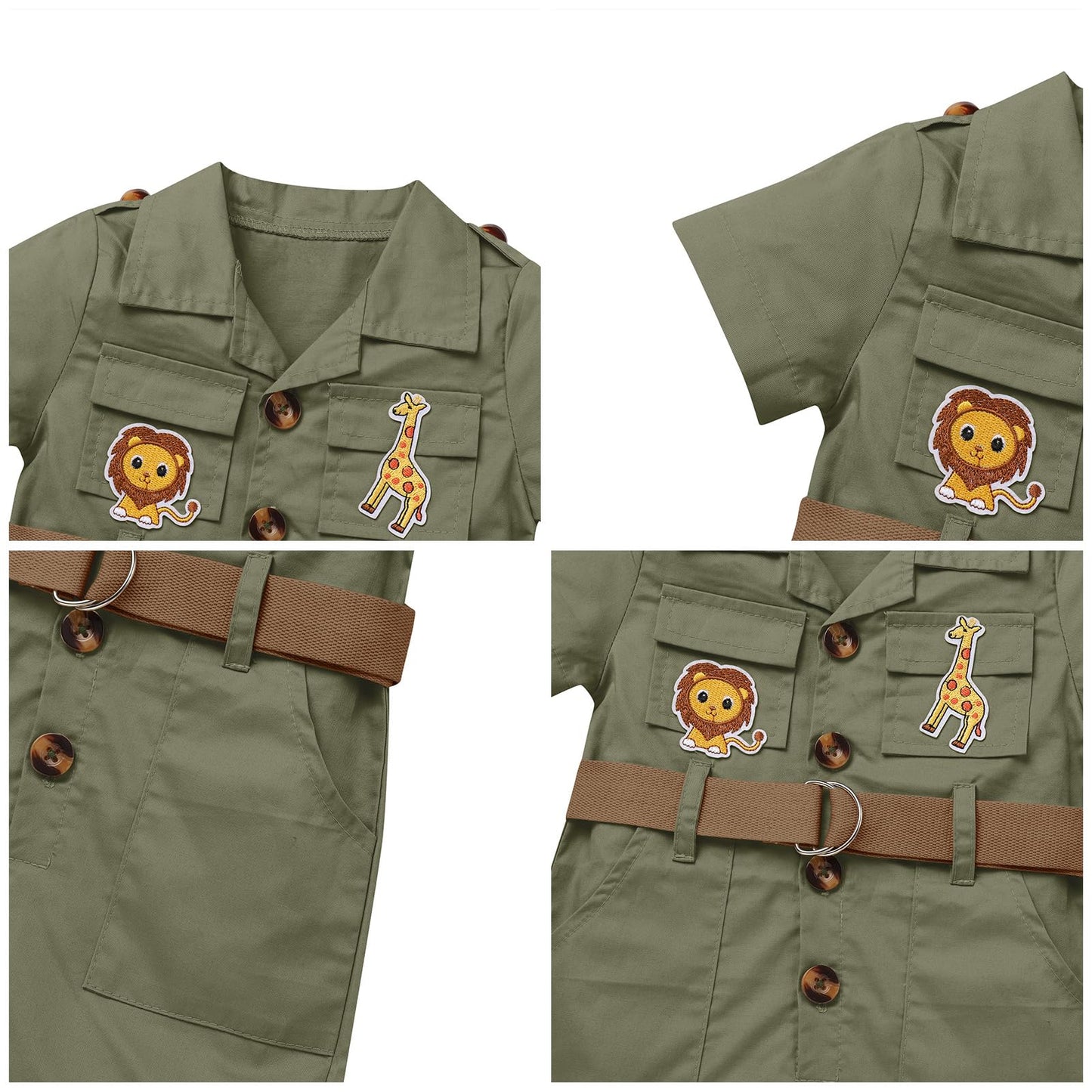 Baby Safari Outfit Wild One Birthday Outfit Girl Short Sleeve Safari Jumpsuit With Hat Toddler Zoo Keeper Costume Army Green 0-6