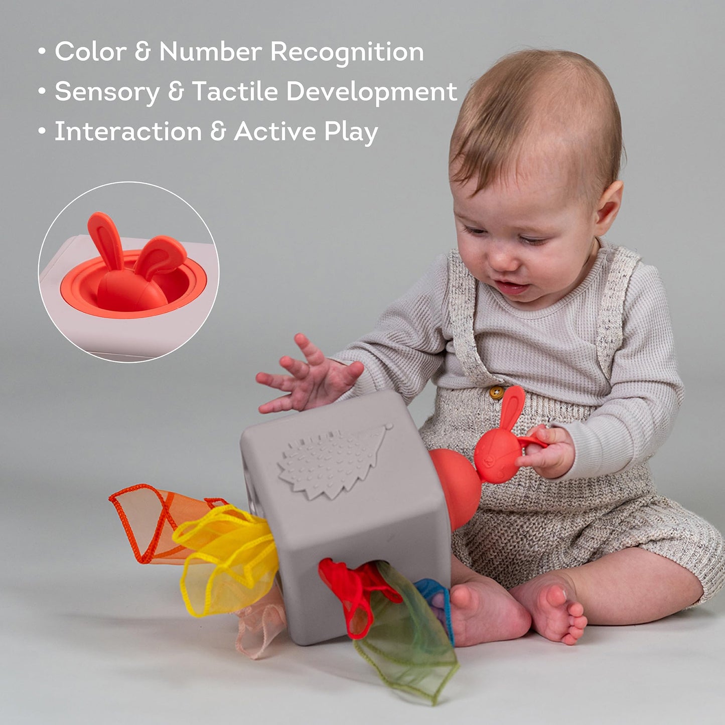 Taf Toys Baby Tissue Box - Montessori Silicone Toy for Motor Skills, 10 Fabric Tissues, Multicolor, Medium, Model TAF13405