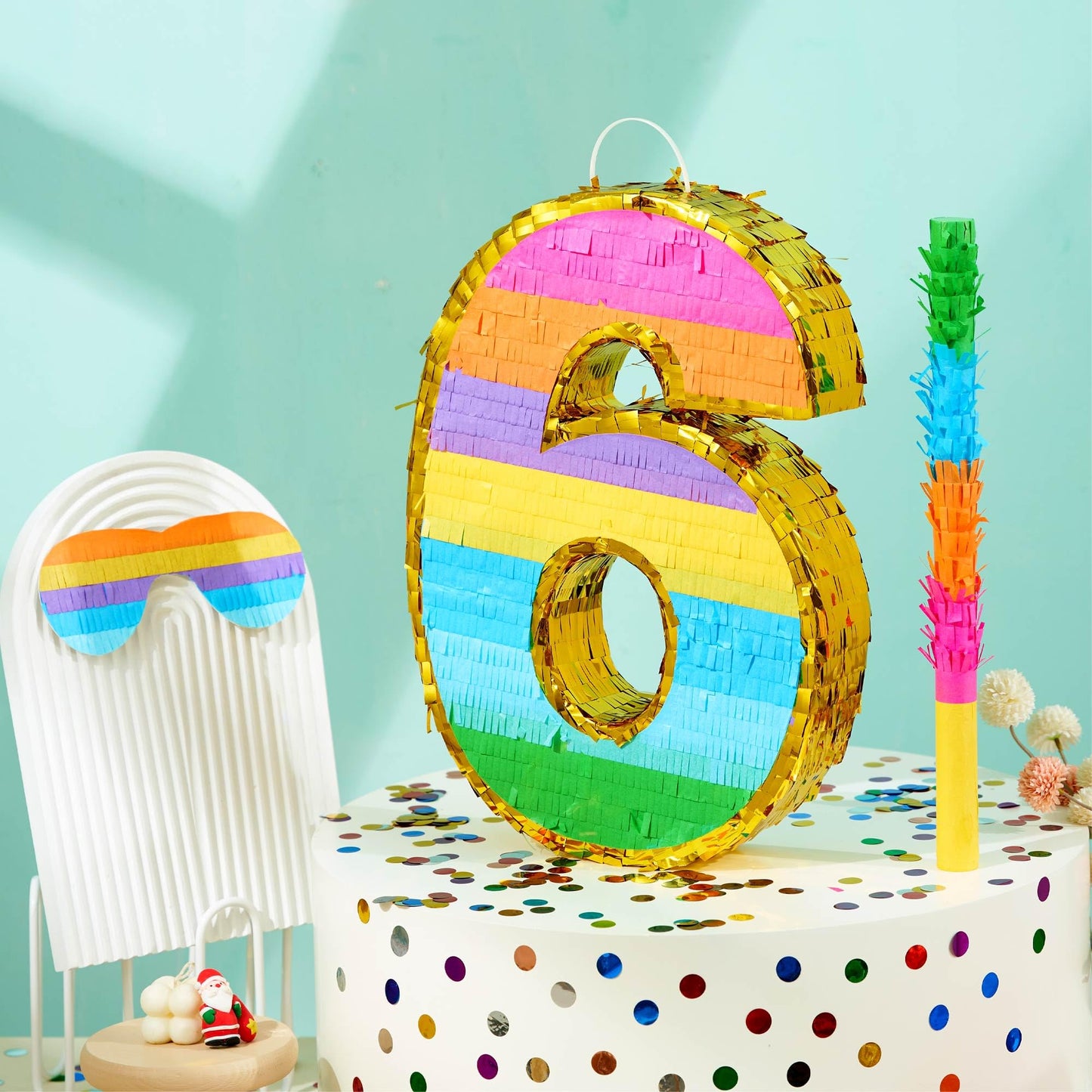 MUWOOB Rainbow Number 6 Pinata for 6th Birthday Party Decorations, Fiesta, Kids Anniversary Celebration, Birthday Pinata with St