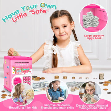 Pink Piggy Bank For Kids With Password Code Lock And Auto Grab Bill Slot, Philaeec Real Money Cash Coin Can Saving Box Electroni