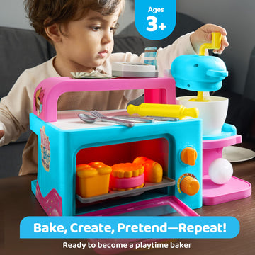 Toddler Pretend Play Kitchen Toys, Bakery Shop With Light & Sound Oven, Realistic Mixer, Color Changing Cookies, 20 Pieces Play