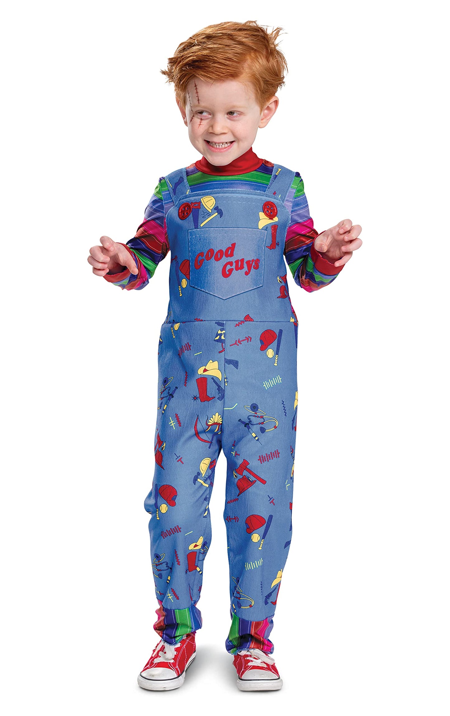 Chucky Costume For Toddlers, Official Childs Play Chucky Costume Jumpsuit And Mask Outfit, Classic Size Large (4-6) Multicolored