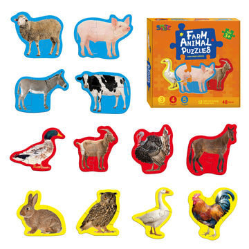 12 Pack Realistic Animal Puzzles, 48 Pieces Step-By-Step Animal Jigsaws, Farm Animal Jigsaw Puzzles With Back Footprint Guide Ea
