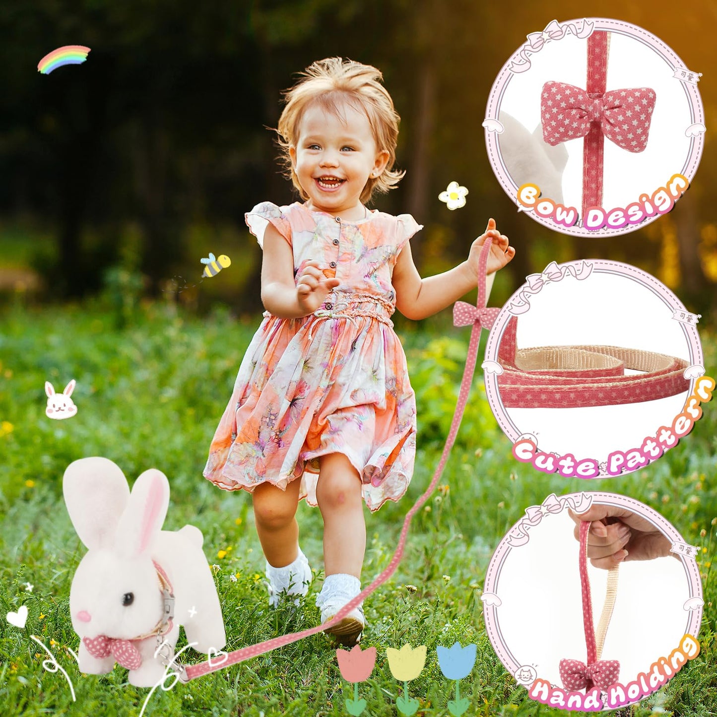 Bunny Plush Toys,Electronic Walking Plush Toys with Sounds,Wiggling Ears,Twitching Mouth,Leash,Interactive Rabbit Toys for Kids