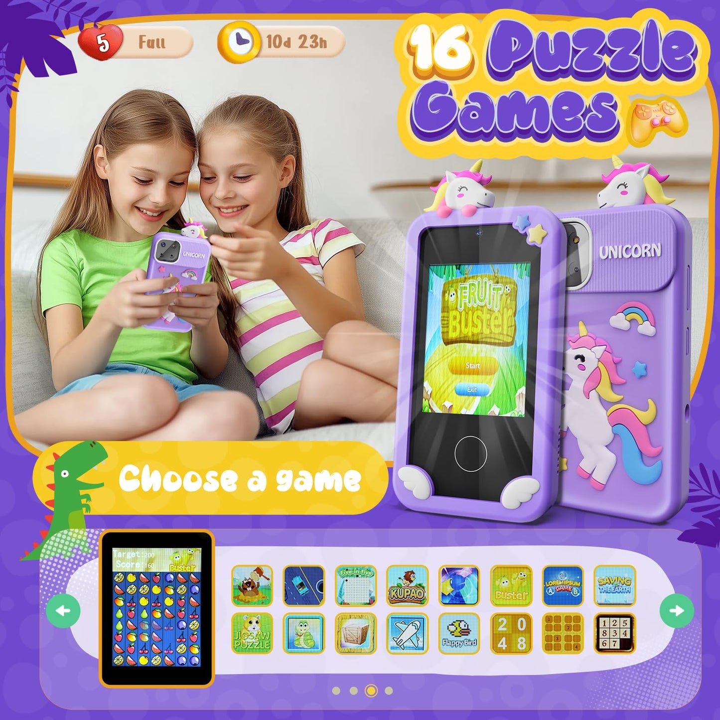 Kids Smart Phone Toys for Girls,Unicorn Gift Toys for Girls Ages 3-9 Christmas Birthday Gifts Mini Smart Phone Toys with 2.8'' T