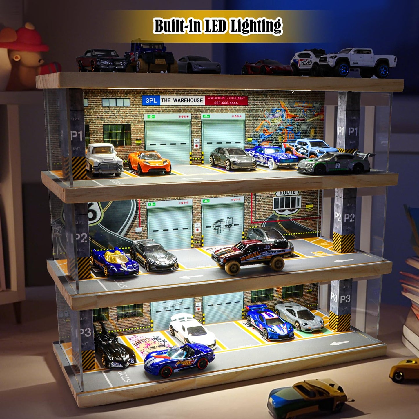 Saichotoy Hot Wheels Storage: Toy Car Parking Garage Diorama With Lights - Freestanding Display Case For 1/64 Scale Diecast Cars