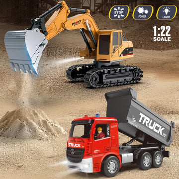Leopmase Remote Control Excavator and Dump Truck Toy Set - RC Excavator and Dump Truck with Lights and Sounds - Rechargable Digg