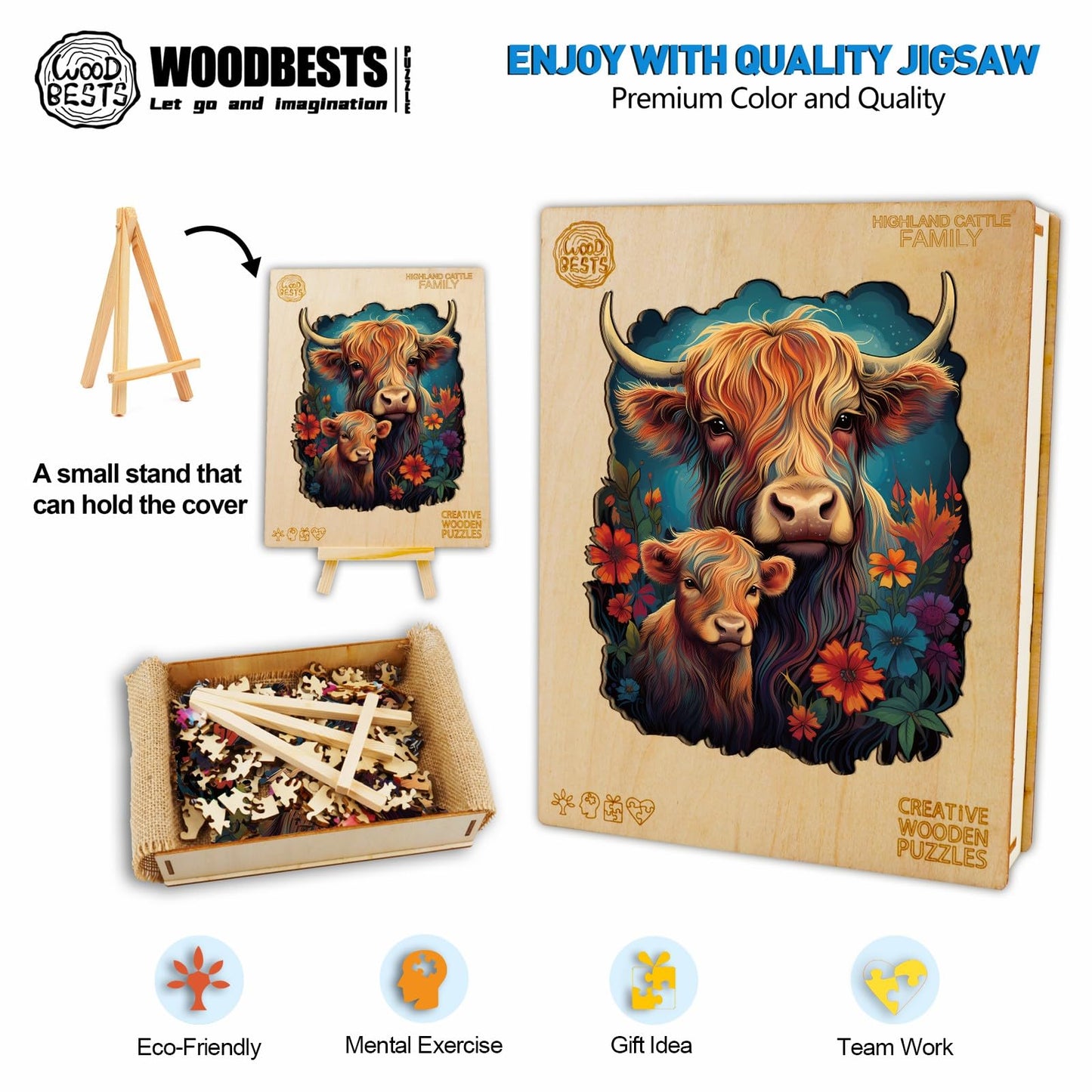 Woodbests Wooden Puzzle For Adults, Highland Cattle Family Puzzle (M, 200Pcs, 9.2'X11.4') Beautiful Wooden Box, Wooden Jigsaw Puzzles Unique Shape, Birthday Gifts For Adults And Kids Family Game