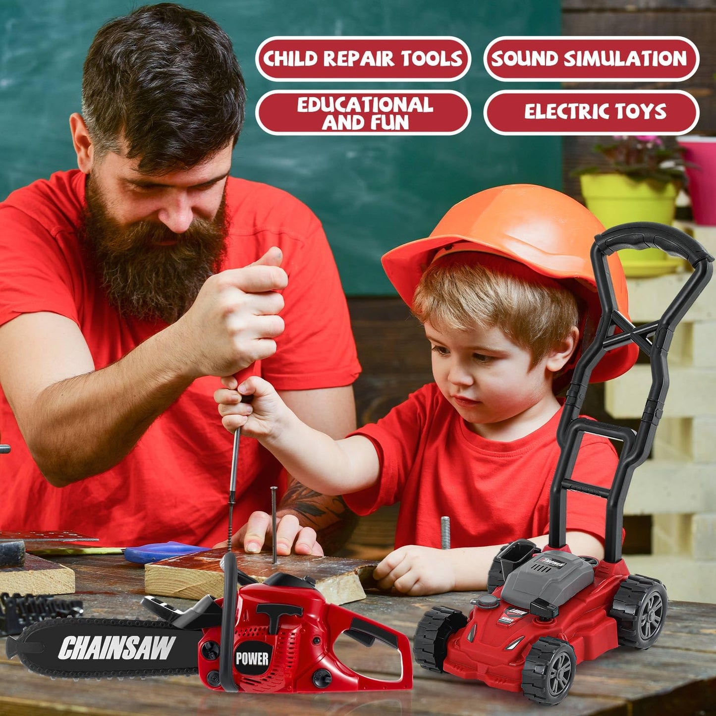 Arrowbash 2 Pcs Toy Gardening Tool Set for Kids Toy Chainsaw Push Lawn Mower Battery Powered Gardening Tool Set with Lights and Sounds Gift for Boys Girls