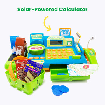 Boley Pretend Play Cash Register Toy For Kids - 19 Piece Interactive Set With Scanner, Microphone, Conveyor Belt, Calculator & M