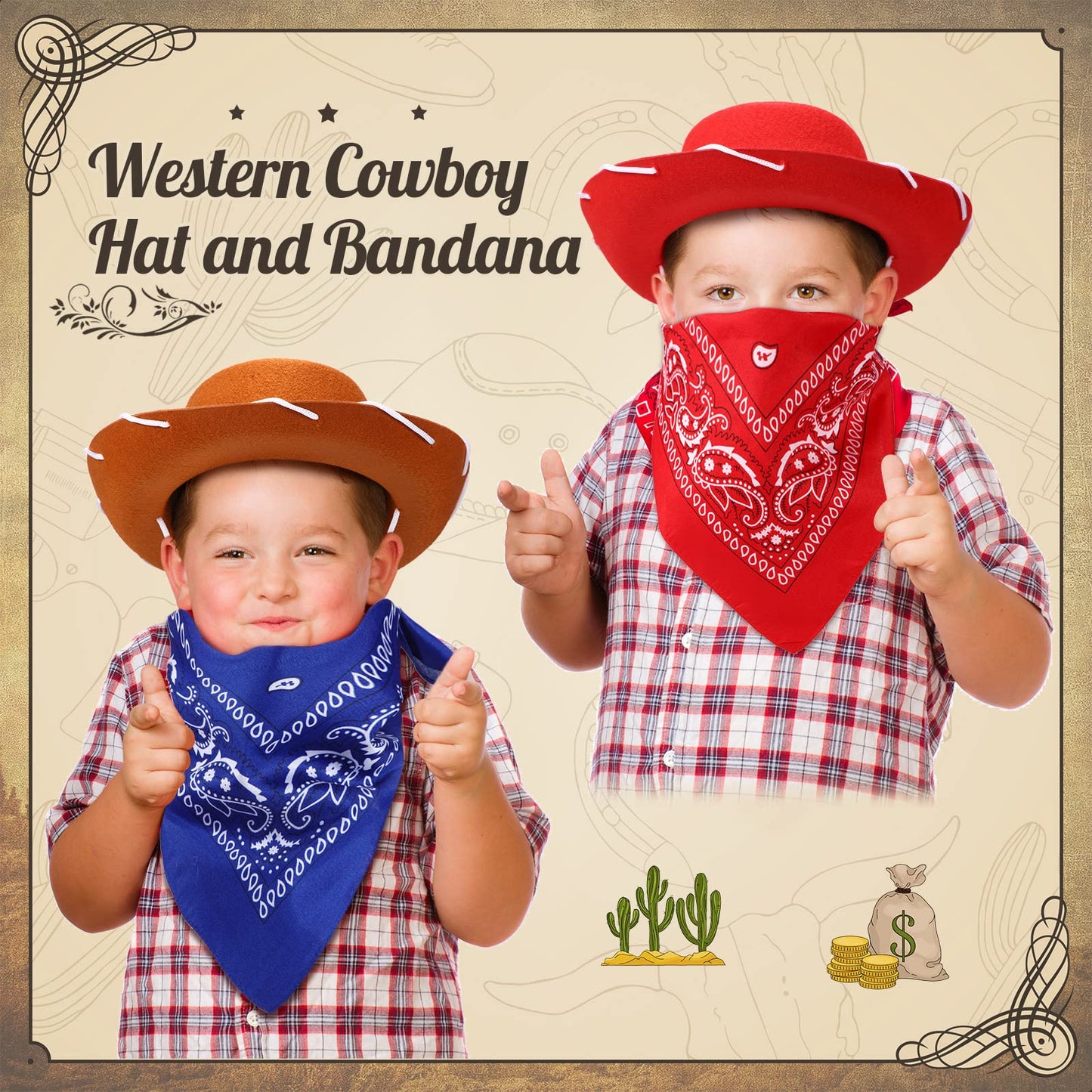 Unittype 18 Sets Cowboy Hats and Bandanas Bulk Kids Western Cowboy Costume Accessories Kids Party Supplies(Brown, Red, Blue)