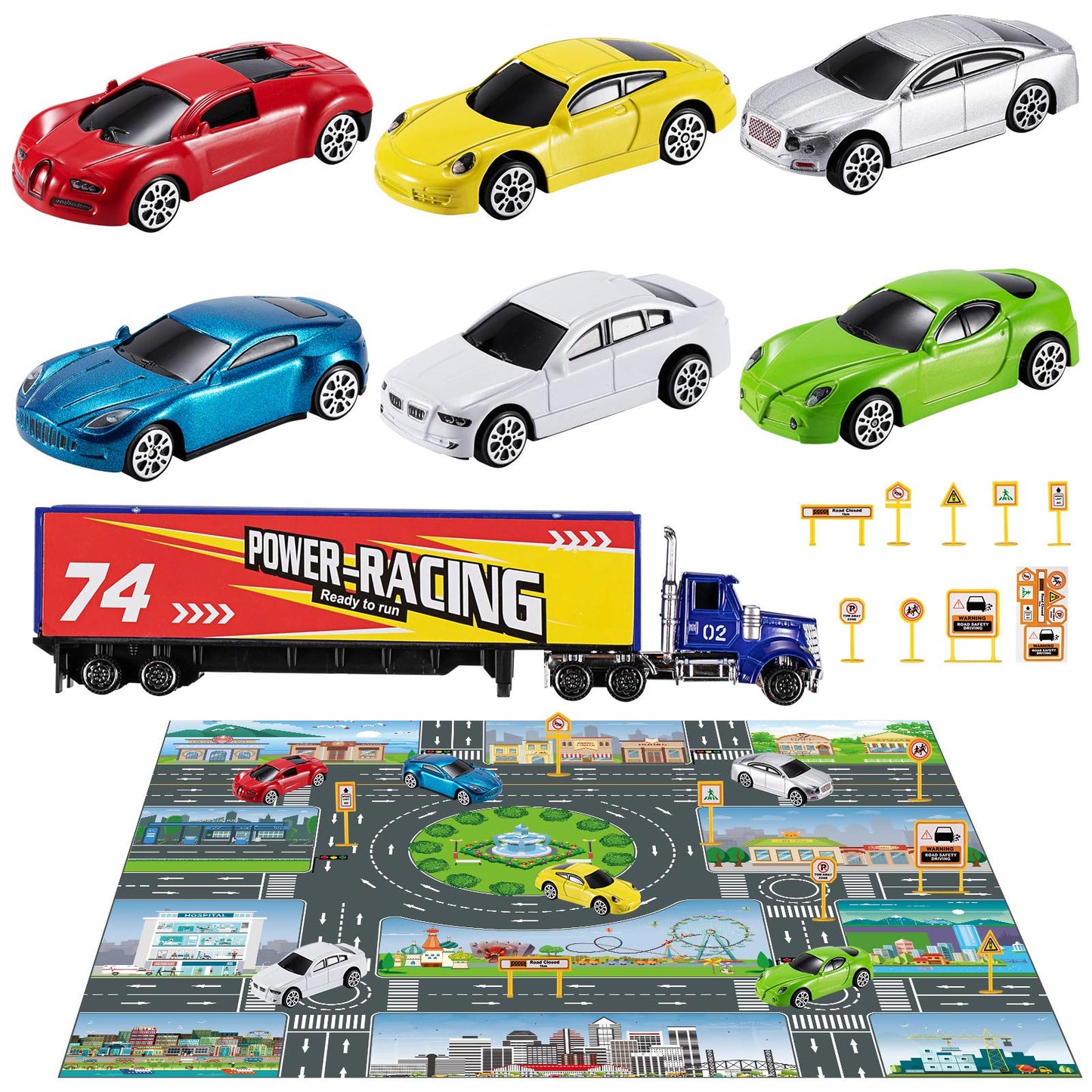 Temi Diecast Racing Cars Toy Set W/Activity Play Mat, Truck Carrier, Alloy Metal Race Model Car & Assorted Vehicle Play Set For