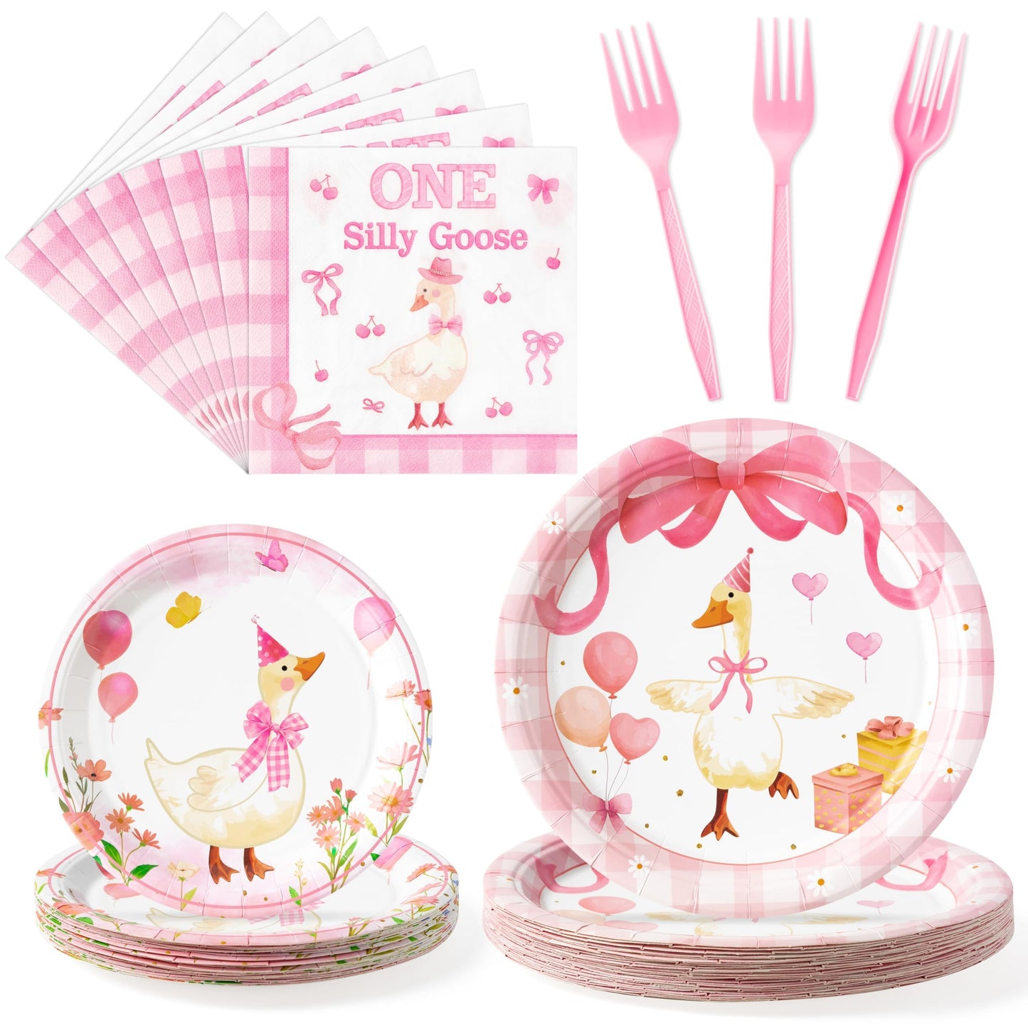 ANGOLIO One Birthday Silly Goose Party Tableware Supplies - Pink Cute Disposable Paper Plates Napkin Fork Plates, Kawaii Silly G