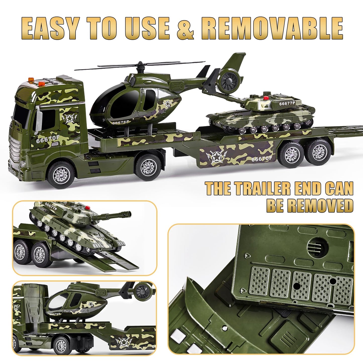 ZHFUYS 25.6'' Green Military Big Truck Toys, Big Truck Toy with Tank and Helicopter,Army Toys with Sounds & Lights, Great Gift f