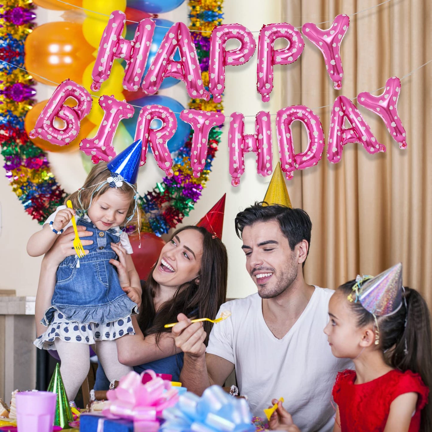 Accevo Pink Happy Birthday Banner - 16 Inch Mylar Foil Letters Balloons for Kids & Adults, Heart Pattern Decorations