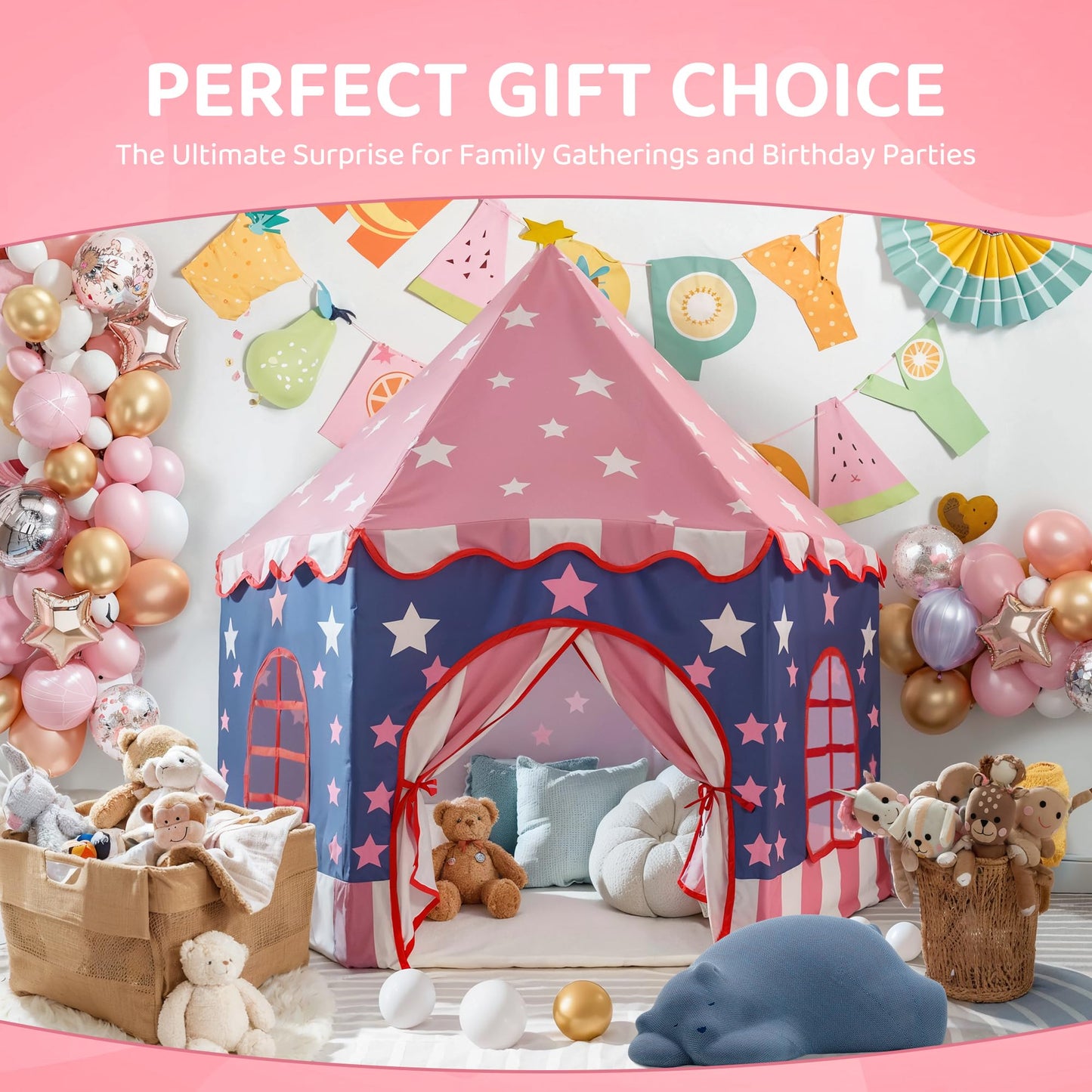 Large Girls Play Tent Princess, Boys Castle Kids Playhouse Indoor Outdoor Toddler Teepee | American Style Design, Age 3-8| Detailed Instructions| Colorful Package| Christmas Birthday Gift Pink