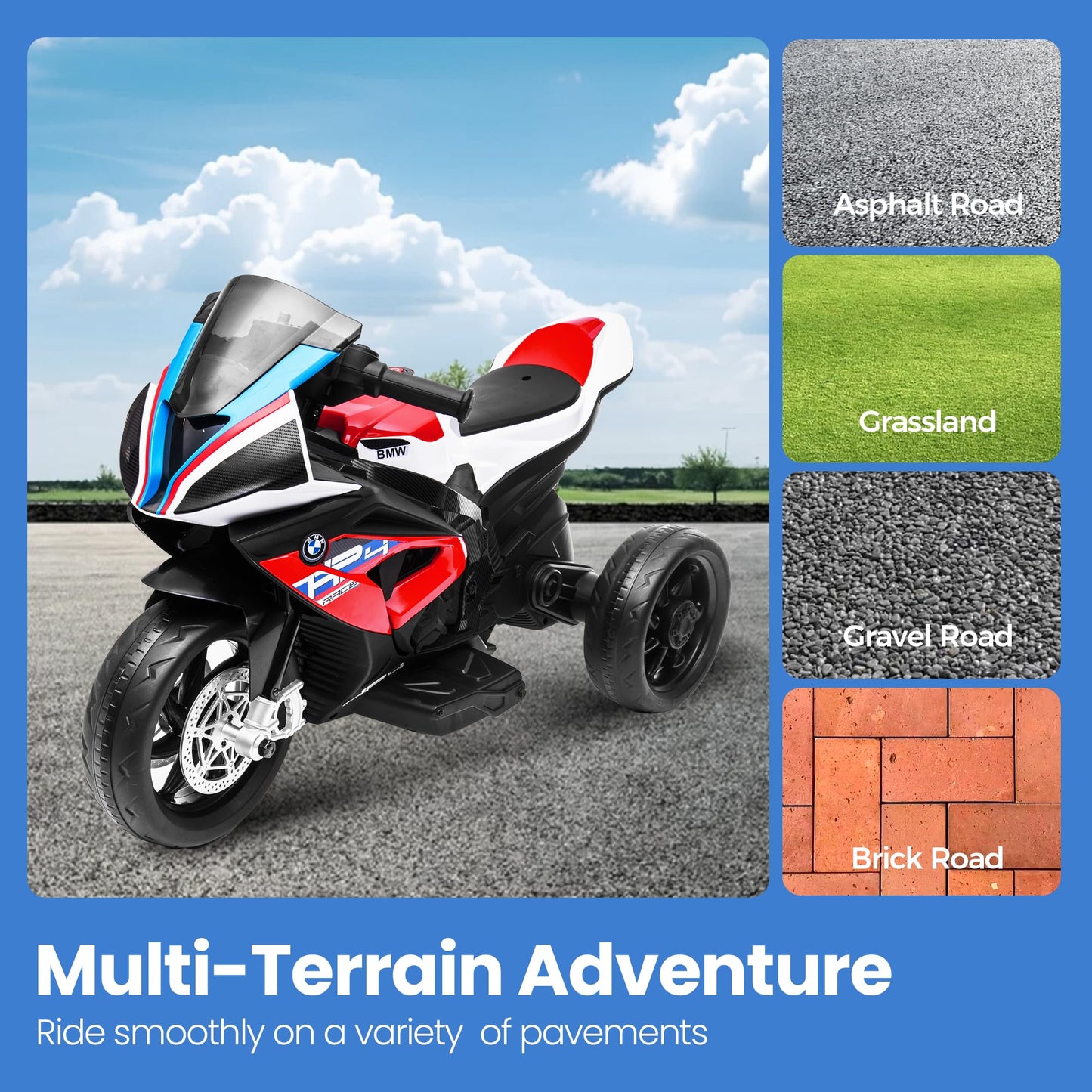 Kiddokidz Licensed BMW Kids Motorcycle - 12V Motorcycle Ride On Toy for Kids Ages 3-5 Years 3-Wheel Electric Motorcycle with Reverse Headlight Horn Music(Red)