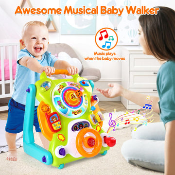 ORWINE 3-in-1 Baby Walker for Boys & Girls - Sit to Stand Activity Center, Drawing Board, Musical Sounds, Light Effects, Green & Orange, 1-3 Years