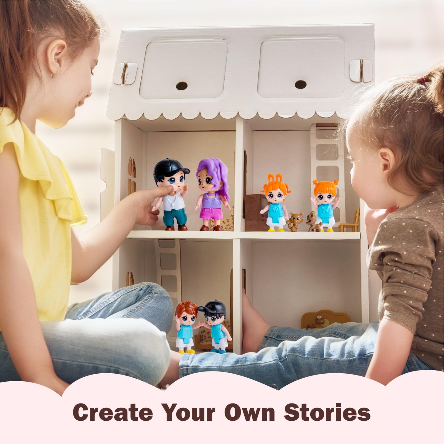 Funerica Dollhouse People, 8 Family Figures And Pets Playset - Bendable Little People Figures - Perfect For Imaginative Fun And Dollhouse Play - Play Doll House Accessories
