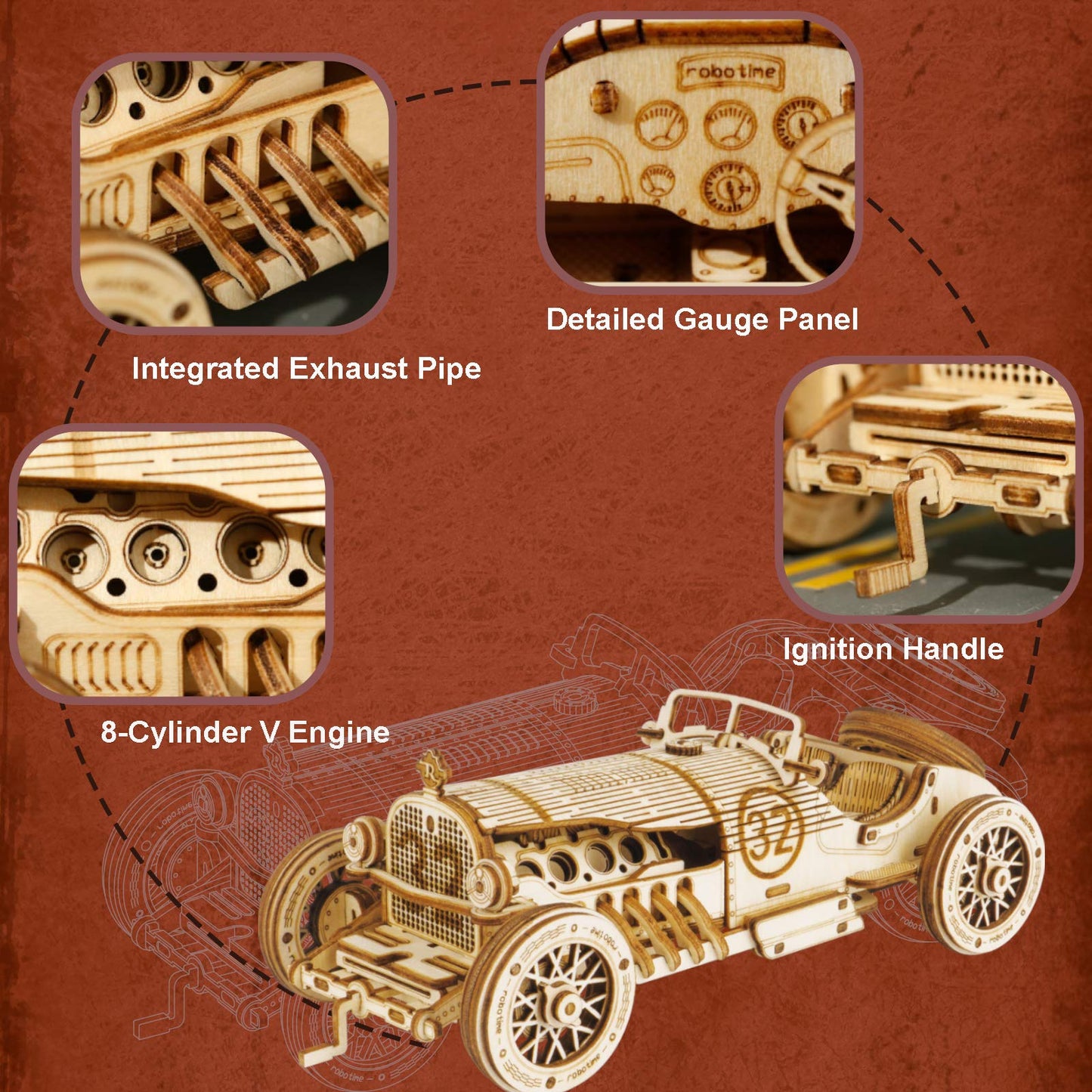 ROBOTIME Model Car Kits - Wooden 3D Puzzles - Model Cars to Build for mature-themeds 1:16 Scale Model Grand Prix Car