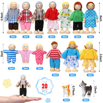 Skylety 20 Pcs Wooden Dollhouse Family Set Of 16 Mini People Figures And 4 Pets, Wooden Dollhouse Dolls Family Cosplay Figures Accessories For Pretend Toy(Vivid Style)