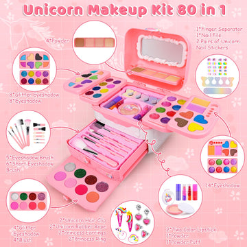 Auney 80 PCS Kids Makeup Kit for Girls 5 6 7 8 Years Old, Unicorn Girls Toy for Little Girls Birthday, Princess Dolls Dress Up T