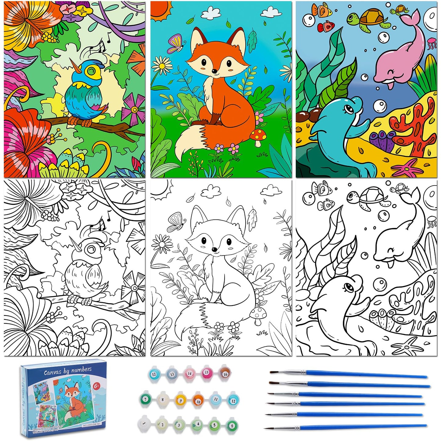 Volmop 3 Pack Paint By Numbers For Kids Ages 8-12,10 * 8'' Color By Number For Kids Framed Canvas With 17 Acrylic Paints And 6 B