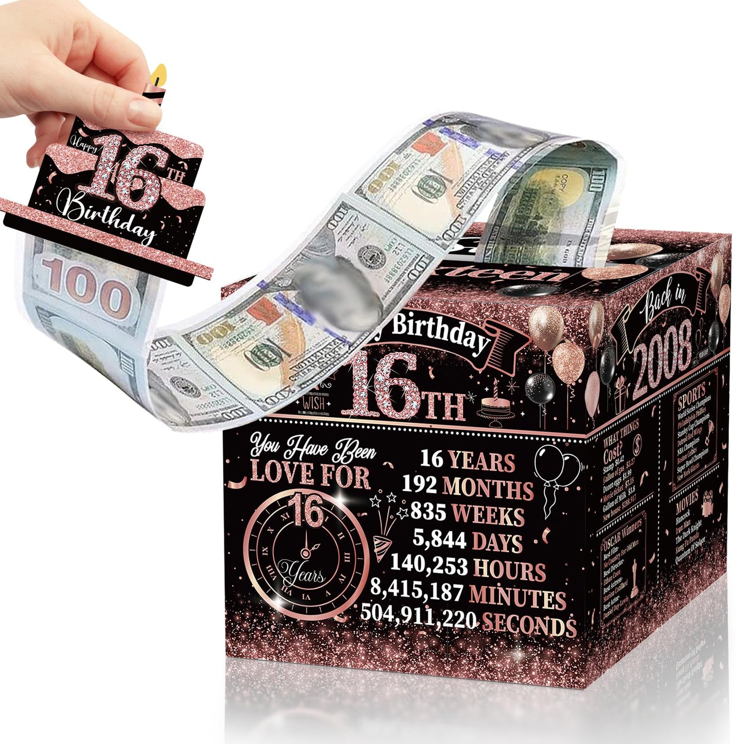 Sereliy Sweet 16th Birthday Decorations for Girls Money Gift Box for Cash Gift Pull, Black Pink Money Gift Boxes Sweet Sixteen P